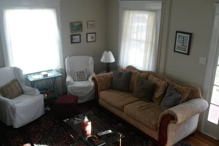 Sofa, chairs, lamps, side tables, oriental rug, pictures - all for sale!