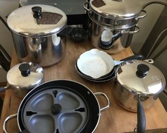 pots and pans - electric griddle, double boiler, some cast iron, one set with copper bottoms
