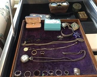 Gold and silver jewelry some proof coin sets; other coins; antique boxes