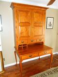 David T. Smith curly maple Plantation Desk is actually two parts:
-Lower desk part has two drawers:  
47" width x 32" deep x 31" tall-Upper hutch has two doors/three drawers/one organizer on left:
44-l/2" width x 17" deep crown to back x 55" tall-Interior of hutch has adjustable shelves