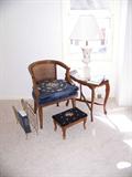 Retro Cane back chair; Antique Table and Foot Stool; brass mag rack
