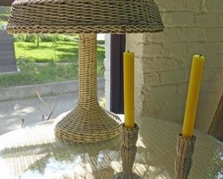 Wicker lamp and wicker candlesticks