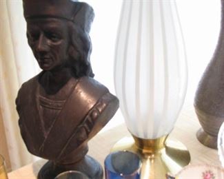 bronze bust, mid century lamps (2), teacups & saucers