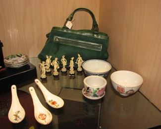 Chinese dining & decorations; vintage green Coach handbag