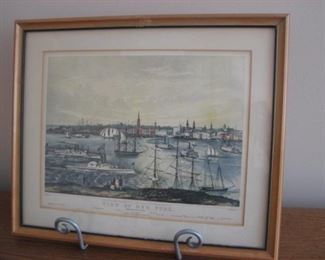 vintage lithograph - harbor with sailing ships & sailboats