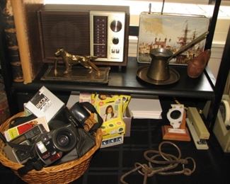 vintage cameras, radios, office