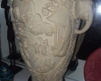 Carved Asian Themed Vase W/ Base