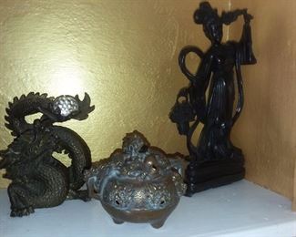 Dragon W/ Crystal Ball Figurine, Dragon Incense Burner, & Carved Geisha Girl Figurines