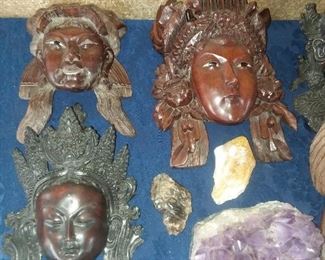 Carved Heads W/ Inlaid Eyes & Mineral Specimens (Amethyst, Etc.)