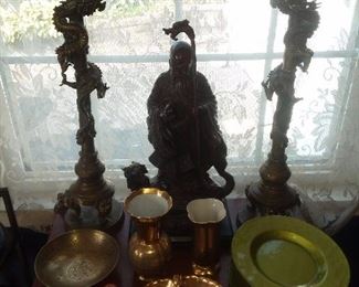 Dragon Candlestick Holders & Bronze Asian Themed Figurine