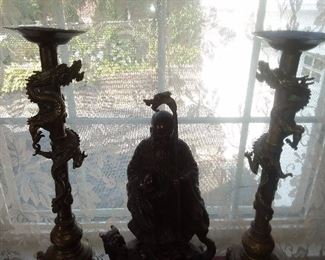 Dragon Candlestick Holders & Bronze Asian Themed Figurine