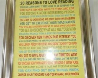 '20 Reasons to Love Reading' framed poster, 20.5 x 24.5" https://ctbids.com/#!/description/share/166531