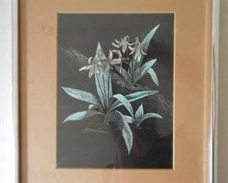 Lilies etching by Sally Miller, framed & matted, 12 x 10.25" https://ctbids.com/#!/description/share/166536