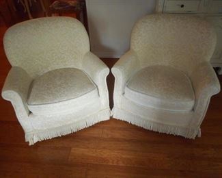 Pair of off- white & white jacquard fabric chairs w/fringe https://ctbids.com/#!/description/share/166574