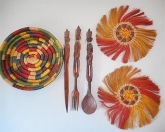 Lot of 6 pc. African decor - basket, woven circles & fork/spoon/knife carved set https://ctbids.com/#!/description/share/166582