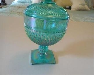 vintage Fenton 2 piece turquoise candy dish with lid, 9" tall https://ctbids.com/#!/description/share/166602