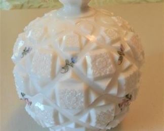 Vintage Milk Glass w/Floral painted design dish w/lid. https://ctbids.com/#!/description/share/166612