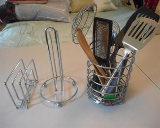 Lot of 13 pieces kitchen tools & holder, napkin holder, & paper towel holder https://ctbids.com/#!/description/share/166739