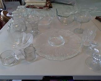 Lot of 18 pieces glass items: candlesticks, serving bowls, cannisters ++ https://ctbids.com/#!/description/share/166792