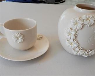 vintage Lot of 3 pcs. Vase, Cup & Saucer w/raised Plumeria Design https://ctbids.com/#!/description/share/167492
