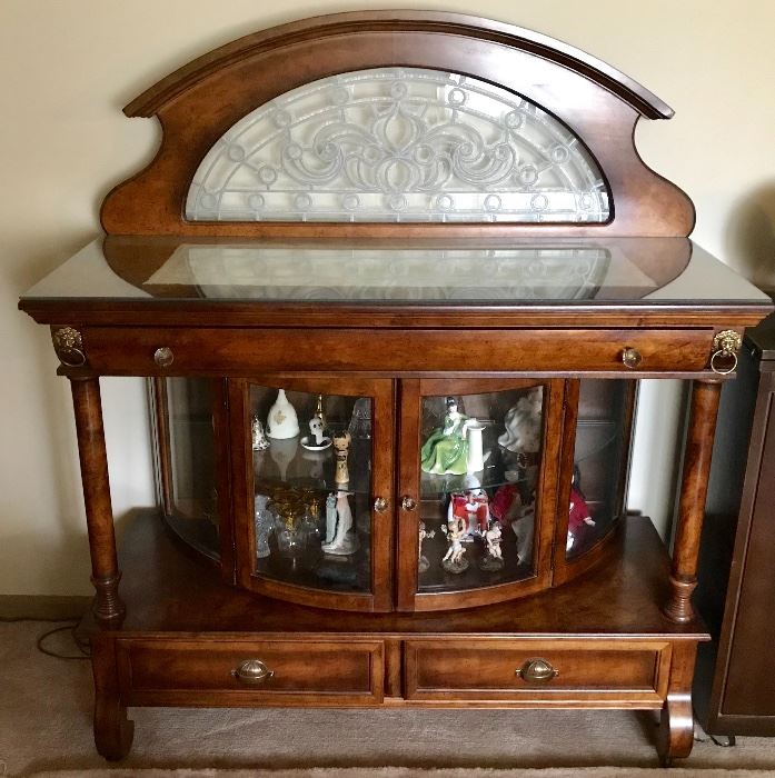 Antique sideboard/server with curved glass display, 3 drawers, crystal and brass hardware, brass lion head ornamental detail, and etched glass backsplash 