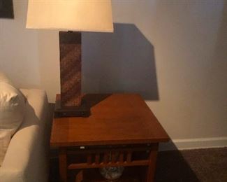 Shaker side table and square-peg lamp