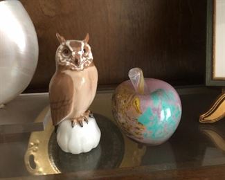 Porcelain owl, blown glass apple