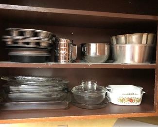 Baking pans, tins, muffin trays, cake pans, mixing bowls.  Glass baking pans, Pyrex, Corningware.