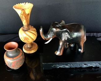 Wooden elephant, turned wooden vase, clay vase