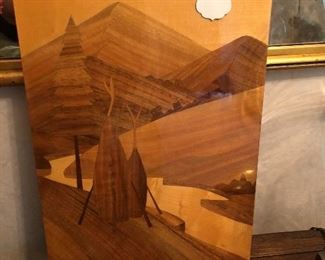 Inlaid wood picture of mountains and teepees