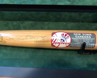 Signed Phil Rizzuto Yankees baseball bat w/display case, key