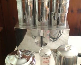 Mid Century Modern MCM chrome ice bucket, chrome canister set, chrome bread box, cocktail shaker, coffee perculator.