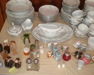 Set of beautiful 1950s-60s china dishes.  Also antique tooth pick holders and salt and pepper shakers.