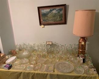 Lots of glassware, copper jug MCM lamp, wall art.