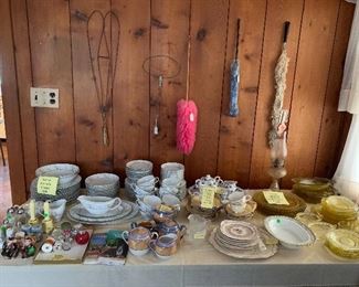 Set of china, set of depression glass, cake server set, salt & peppers, wheat dishes, luster dishes, rug beater, dusters.