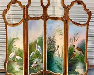 LouisXV Style "Birds" Hand Painted 4 Panel Screen 