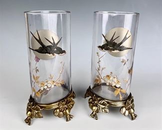 Pair Bronze Mounted Baccarat Japonisme Glass Vases