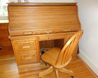 ROLLER TOP DESK AND WOOD DESK CHAIR 