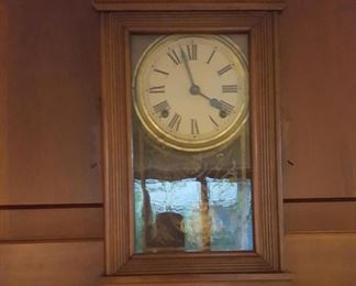 Antique gingerbread kitchen shelf clock; key. Works beautifully.