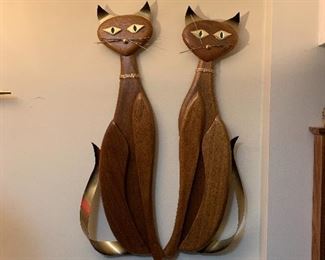 vtg 1960's Masketeers , Siamese cats. Teak wood MCM wall art.