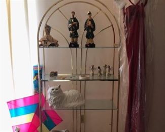 Brass etagere, collectibles, ladies formals