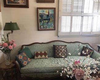 •	Victorian silk couch, needle point pillows