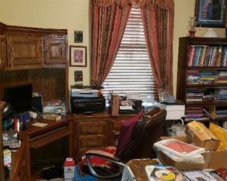 computer desk, bookcases, office accessories