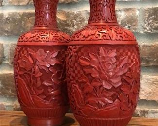 Pair of Chinese cinnabar vases