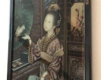 Vintage Chinese reverse-on-glass hand-painted portrait of beauty with cockatoo