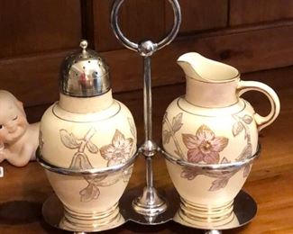 Circa 1900 Sheffield silver-plate caddy with sugar caster and pitcher