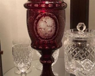 Vintage Bohemian Egermann etched cranberry glass lidded sweetmeats jar
