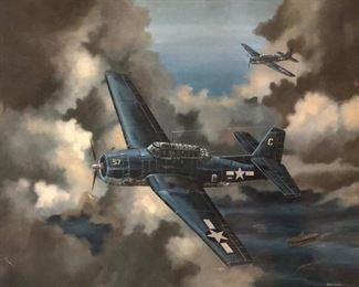 Original Jack Connelly oil on canvas painting of WWII fighter planes, dated 1977