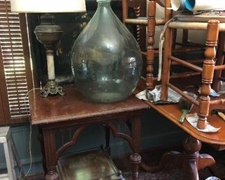 jumbo vintage demijohn bottle, antique ball & claw side table, dining room set