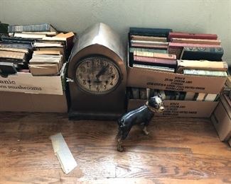 19th & early 20th century books, Seth Thomas all brass HEAVY clock, Boston Terrier cast iron dog